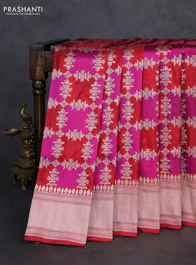 Pure Banarasi silk saree purple and red with allover zari weaves and zari woven border