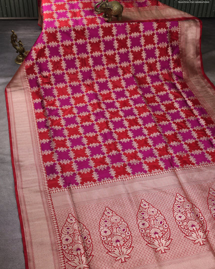 Pure Banarasi silk saree purple and red with allover zari weaves and zari woven border