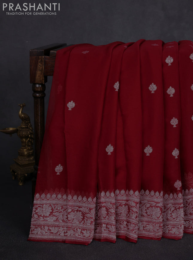 Banarasi chiffon saree maroon with allover silver zari woven buttas and silver zari woven floral border