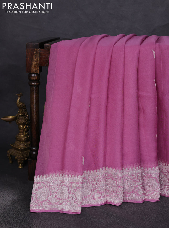 Banarasi chiffon saree mauve pink with allover silver zari woven buttas and silver zari woven floral border
