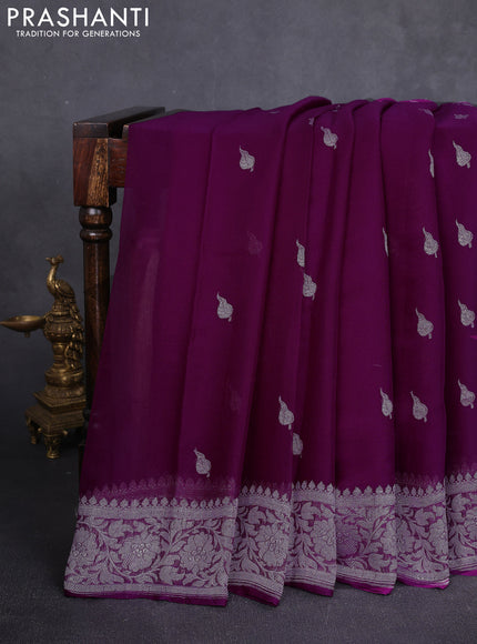 Banarasi chiffon saree purple with allover silver zari woven buttas and silver zari woven floral border