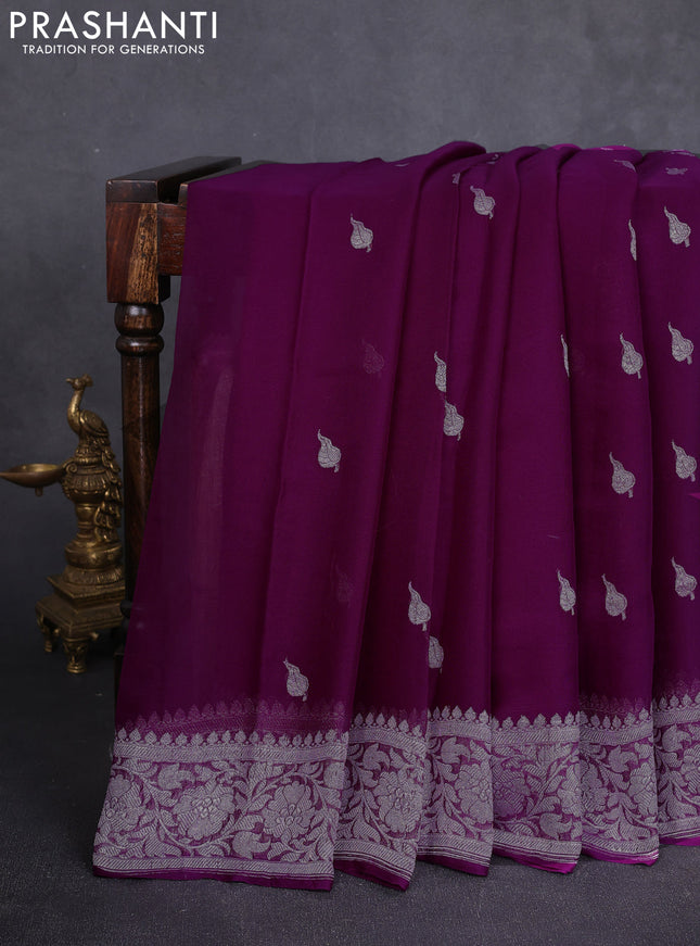 Banarasi chiffon saree purple with allover silver zari woven buttas and silver zari woven floral border