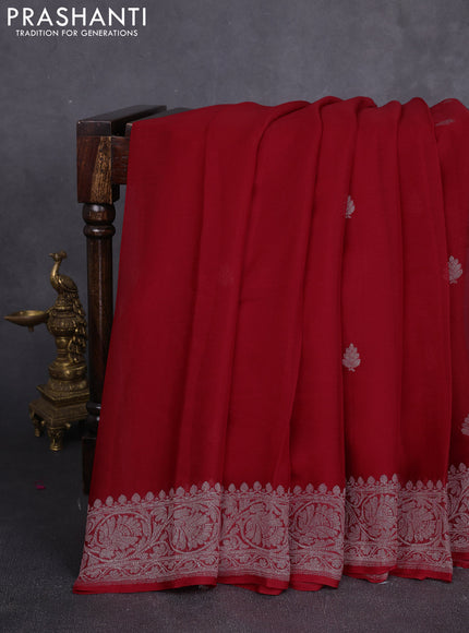 Banarasi chiffon saree red with allover silver zari woven buttas and silver zari woven floral border