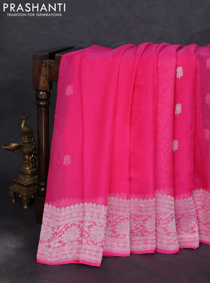 Banarasi chiffon saree candy pink with allover silver zari woven buttas and silver zari woven floral border