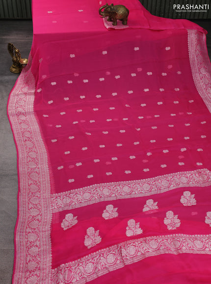 Banarasi chiffon saree candy pink with allover silver zari woven buttas and silver zari woven floral border