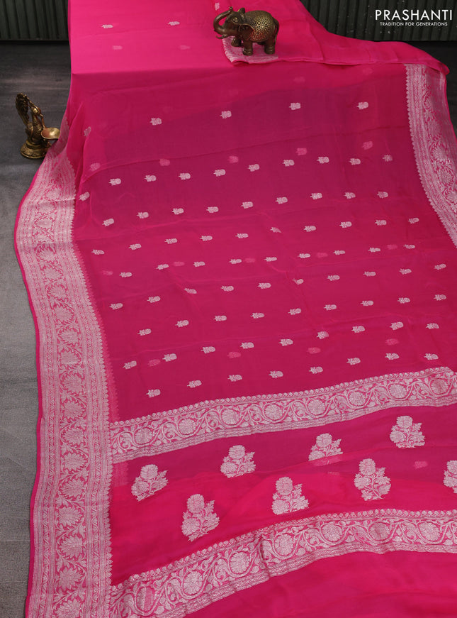 Banarasi chiffon saree candy pink with allover silver zari woven buttas and silver zari woven floral border