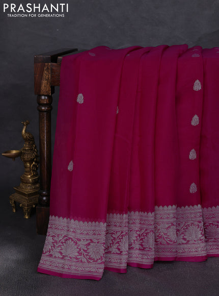 Banarasi chiffon saree pink with allover silver zari woven buttas and silver zari woven floral border