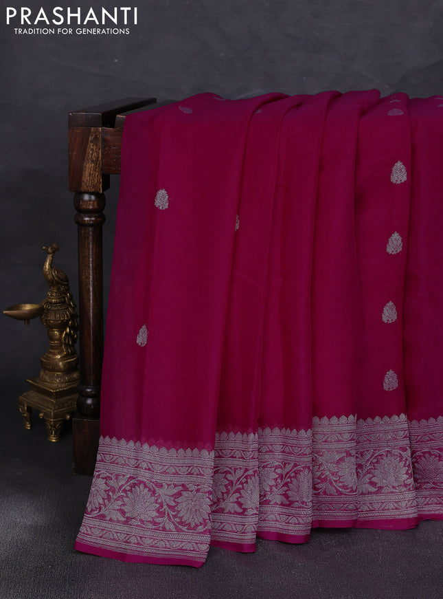 Banarasi chiffon saree pink with allover silver zari woven buttas and silver zari woven floral border