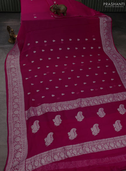 Banarasi chiffon saree pink with allover silver zari woven buttas and silver zari woven floral border