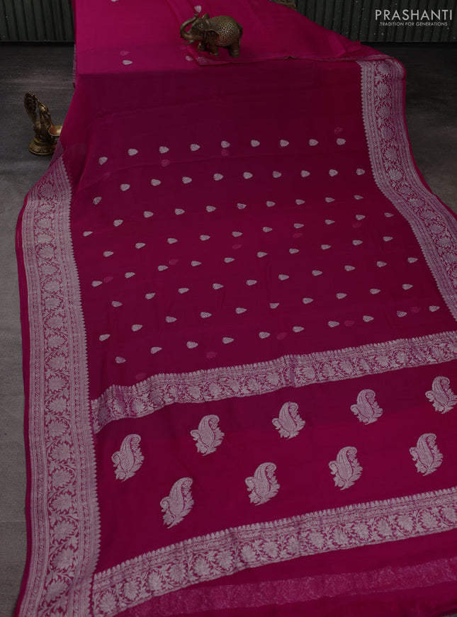 Banarasi chiffon saree pink with allover silver zari woven buttas and silver zari woven floral border