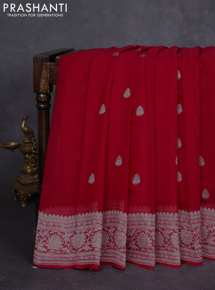 Banarasi chiffon saree red with allover silver zari woven buttas and silver zari woven floral border