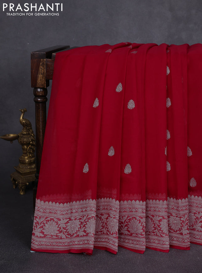 Banarasi chiffon saree red with allover silver zari woven buttas and silver zari woven floral border