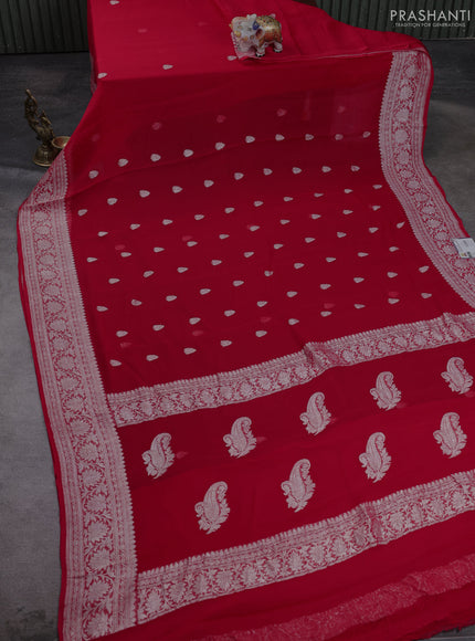 Banarasi chiffon saree red with allover silver zari woven buttas and silver zari woven floral border