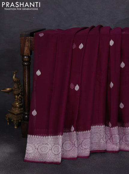 Banarasi chiffon saree purple with allover silver zari woven buttas and silver zari woven floral border