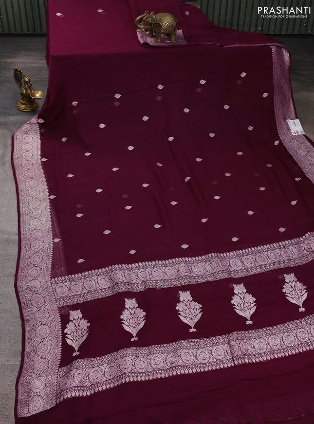 Banarasi chiffon saree purple with allover silver zari woven buttas and silver zari woven floral border