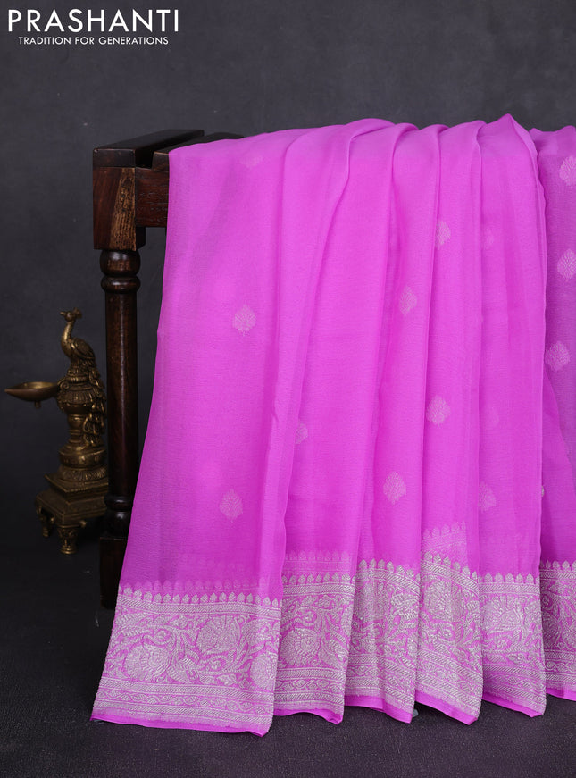 Banarasi chiffon saree mild lavender shade with allover silver zari woven buttas and silver zari woven floral border