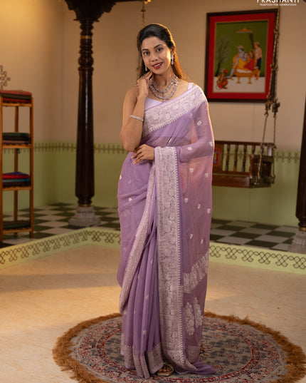 Banarasi chiffon saree lavender with allover silver zari woven buttas and silver zari woven floral border