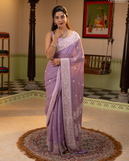 Banarasi chiffon saree lavender with allover silver zari woven buttas and silver zari woven floral border