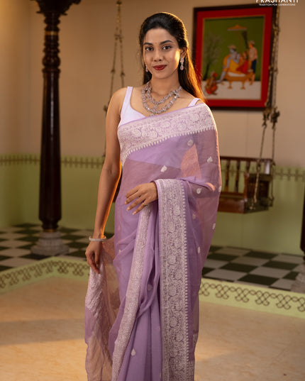 Banarasi chiffon saree lavender with allover silver zari woven buttas and silver zari woven floral border