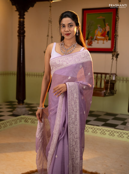 Banarasi chiffon saree lavender with allover silver zari woven buttas and silver zari woven floral border