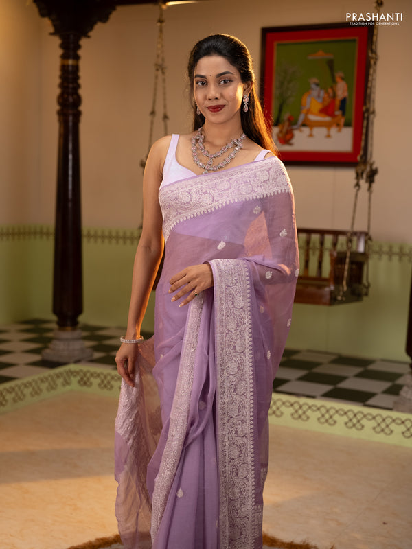 Banarasi chiffon saree lavender with allover silver zari woven buttas and silver zari woven floral border
