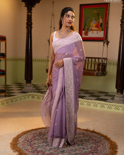 Banarasi chiffon saree lavender with allover silver zari woven buttas and silver zari woven floral border