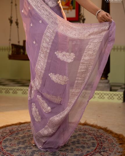 Banarasi chiffon saree lavender with allover silver zari woven buttas and silver zari woven floral border