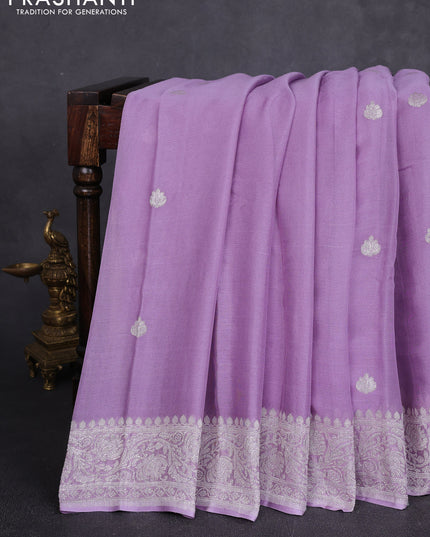 Banarasi chiffon saree lavender with allover silver zari woven buttas and silver zari woven floral border