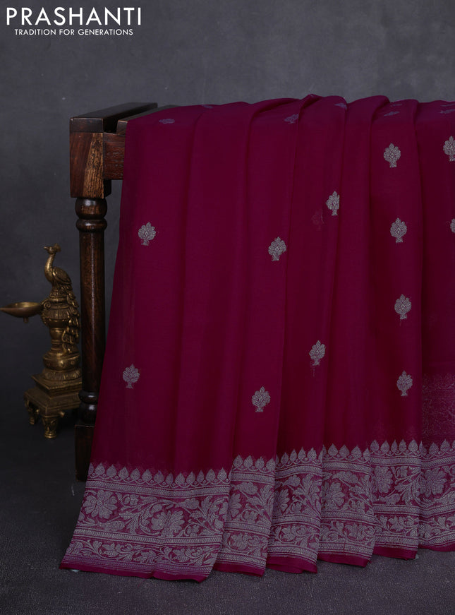 Banarasi chiffon saree dark pink with allover silver zari woven buttas and silver zari woven floral border