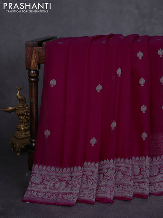 Banarasi chiffon saree dark pink with allover silver zari woven buttas and silver zari woven floral border