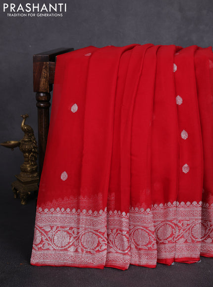Banarasi chiffon saree red with allover silver zari woven buttas and silver zari woven floral border