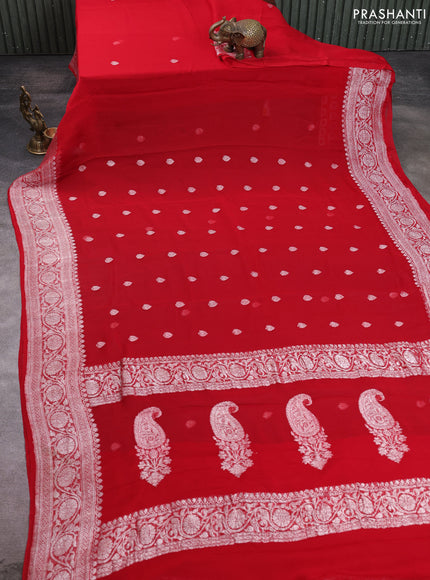 Banarasi chiffon saree red with allover silver zari woven buttas and silver zari woven floral border