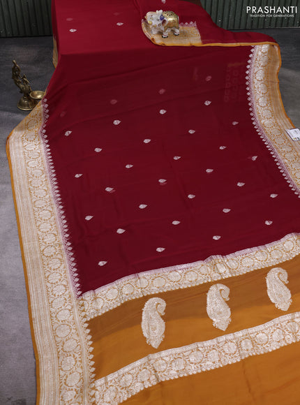 Banarasi chiffon saree red and orange with allover silver zari woven buttas and silver zari woven floral border