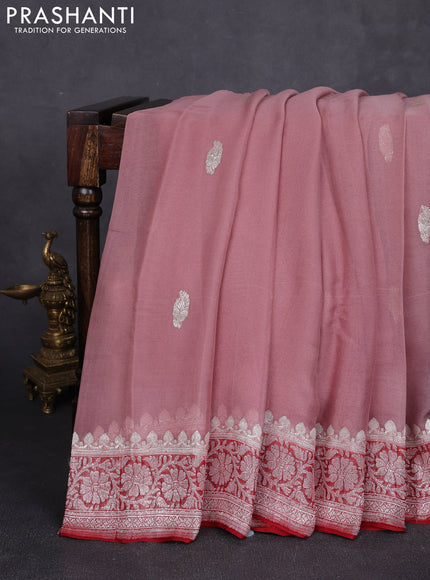 Banarasi chiffon saree dark peach and maroon with allover silver zari woven buttas and silver zari woven floral border