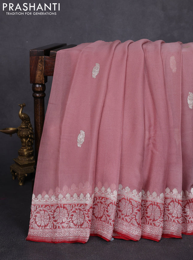 Banarasi chiffon saree dark peach and maroon with allover silver zari woven buttas and silver zari woven floral border