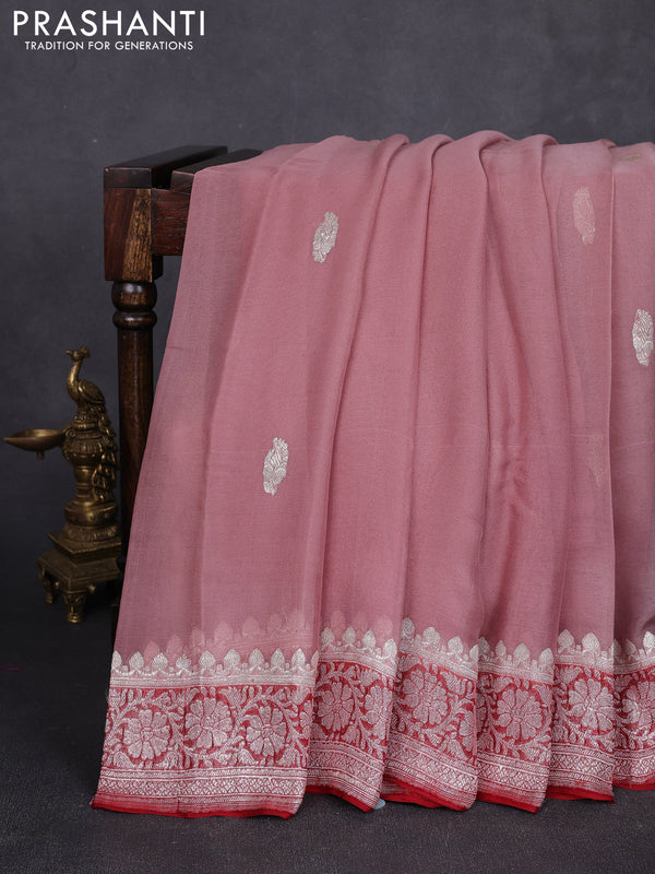 Banarasi chiffon saree dark peach and maroon with allover silver zari woven buttas and silver zari woven floral border