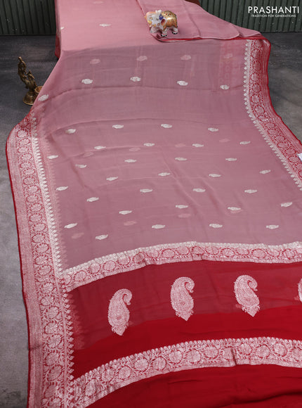 Banarasi chiffon saree dark peach and maroon with allover silver zari woven buttas and silver zari woven floral border