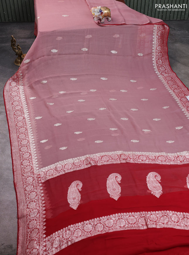 Banarasi chiffon saree dark peach and maroon with allover silver zari woven buttas and silver zari woven floral border