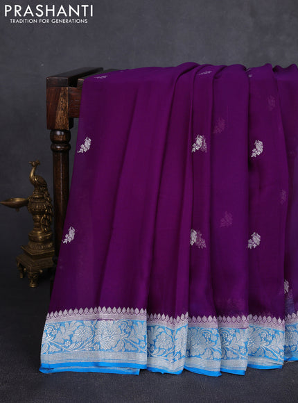 Banarasi chiffon saree purple and cs blue with allover silver zari woven buttas and silver zari woven floral border