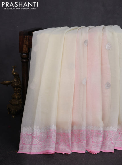 Banarasi chiffon saree off white and light pink with allover silver zari woven buttas and silver zari woven floral border
