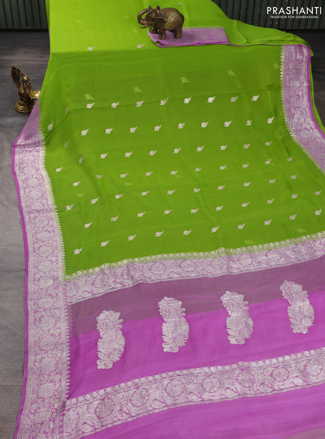 Banarasi chiffon saree light green and lavender with allover silver zari woven buttas and silver zari woven floral border