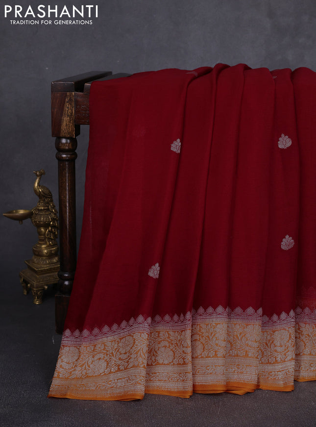 Banarasi chiffon saree red and orange with allover silver zari woven buttas and silver zari woven floral border