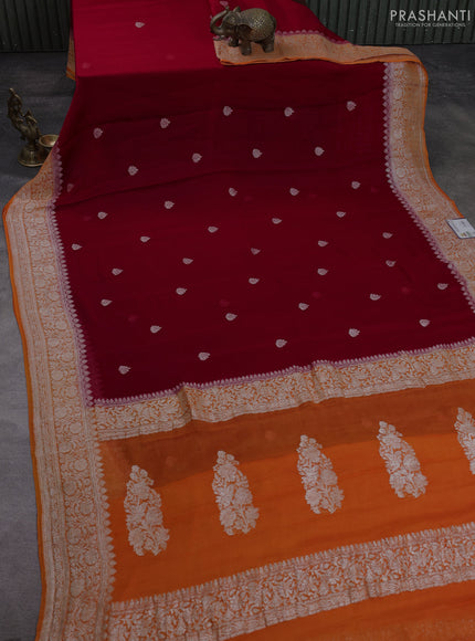Banarasi chiffon saree red and orange with allover silver zari woven buttas and silver zari woven floral border