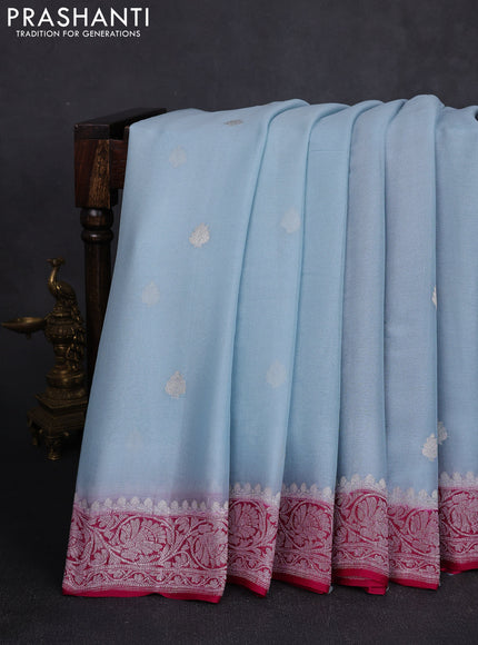 Banarasi chiffon saree pastel blue and pink with allover silver zari woven buttas and silver zari woven floral border