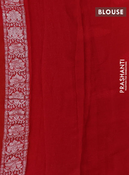 Banarasi chiffon saree green and red with allover silver zari woven buttas and silver zari woven floral border