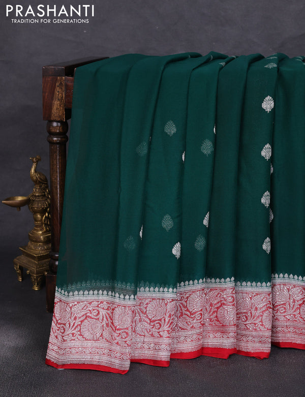 Banarasi chiffon saree bottle green and red with allover silver zari woven buttas and silver zari woven floral border
