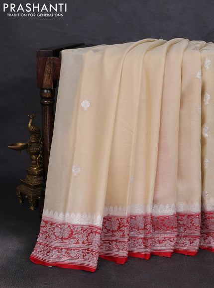 Banarasi chiffon saree cream and red with allover silver zari woven buttas and silver zari woven floral border