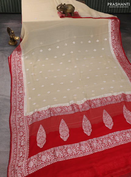 Banarasi chiffon saree cream and red with allover silver zari woven buttas and silver zari woven floral border
