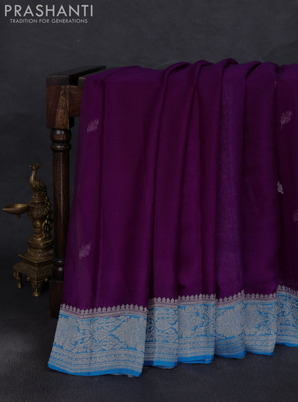 Banarasi chiffon saree purple and cs blue with allover silver zari woven paisley buttas and silver zari woven floral border
