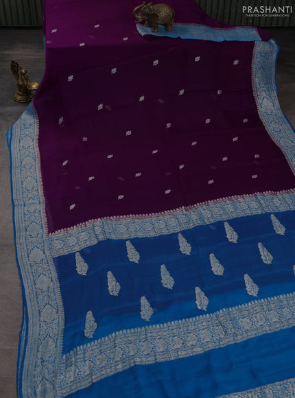 Banarasi chiffon saree purple and cs blue with allover silver zari woven paisley buttas and silver zari woven floral border